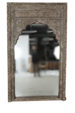 Grote Indiase Spiegel met Houtsnijwerk wit