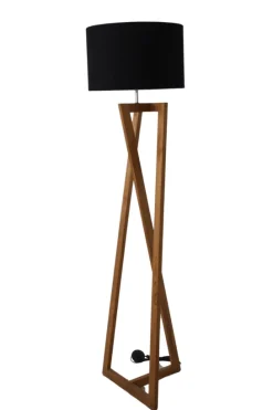 Houten Vloerlamp met Zwarte Kap – Strak Design