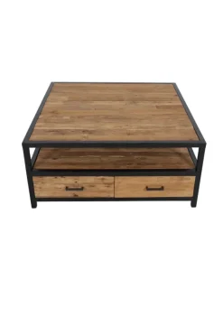 Industriële Salontafel van ruw Teak hout en Metaal