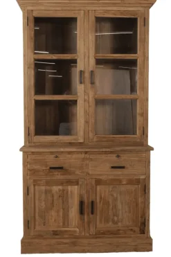 Kleine landelijke massief teak vitrinekast 120 cm