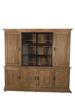Landelijke teak houten boerderij stijl vitrinekast met metalen deuren 240 cm