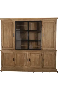 Landelijke teak houten boerderij stijl vitrinekast met metalen deuren 240 cm
