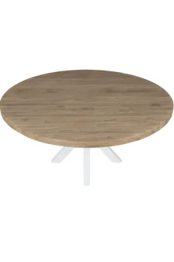 Ronde Massieve Teak Houten Eettafel 160 cm met Witte Kruispoot