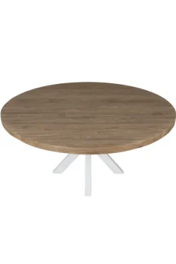 Ronde Massieve Teak Houten Eettafel 160 cm met Witte Kruispoot