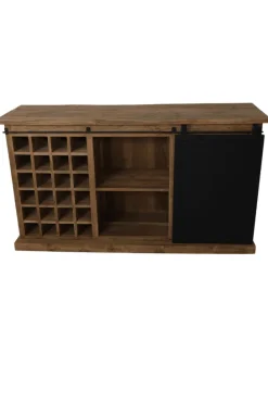 Teak houten dressoir met metalen schuifdeur en wijnrek 160 cm