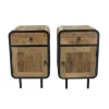 Teak houten industriële ronde hoeken nachtkastjes set van 2 ruw