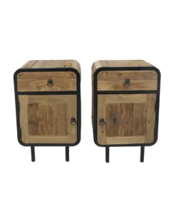 Teak houten industriële ronde hoeken nachtkastjes set van 2 ruw
